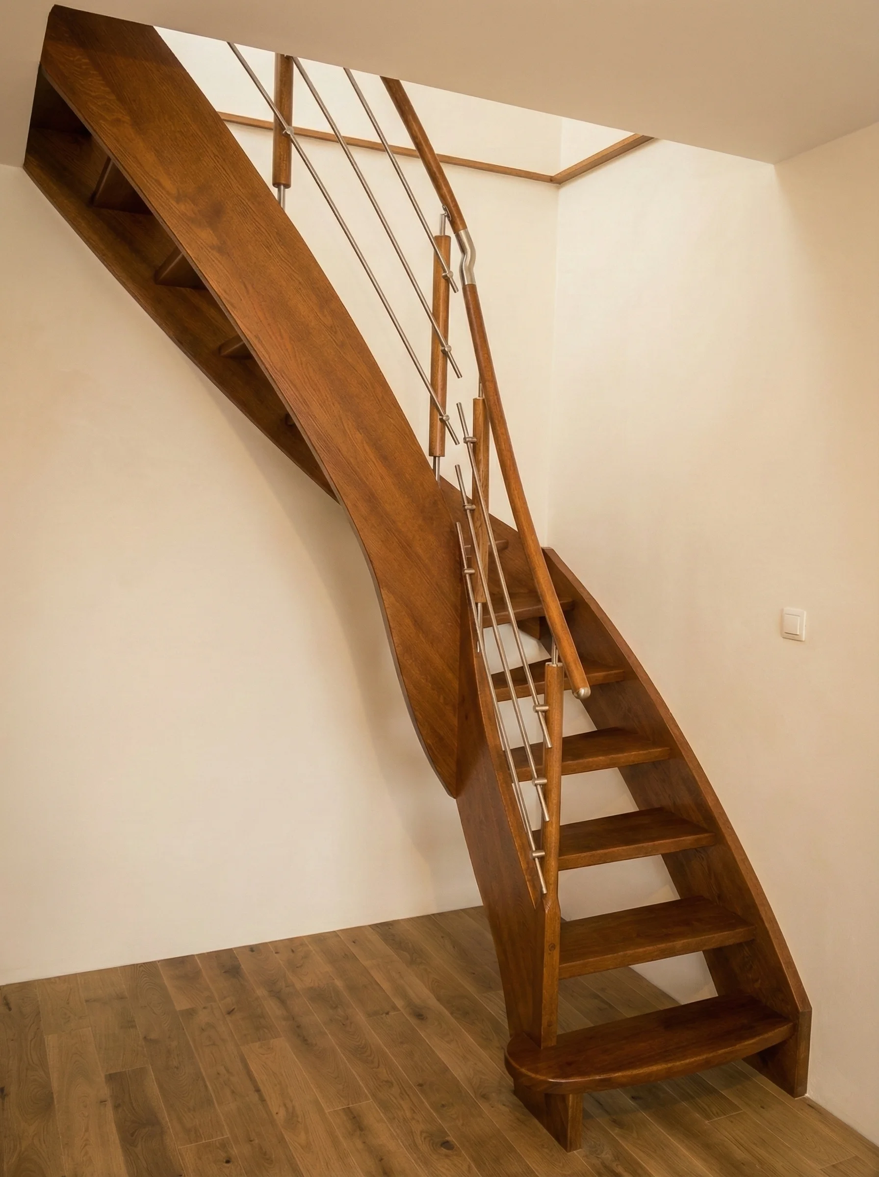 Detal stopni bukowych w kolorze teak i balustrady