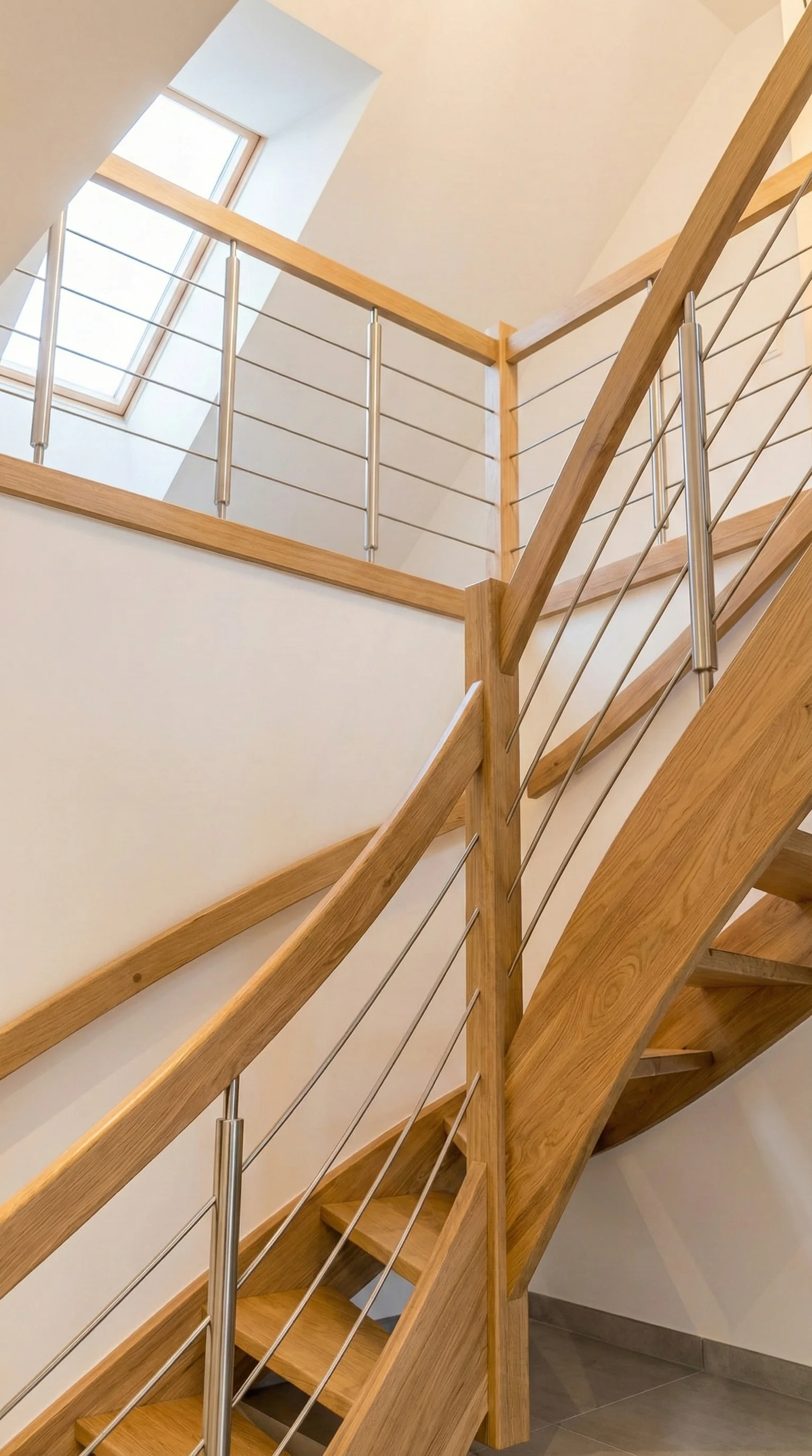 Detal balustrady drewniano-stalowej i bielonych stopni