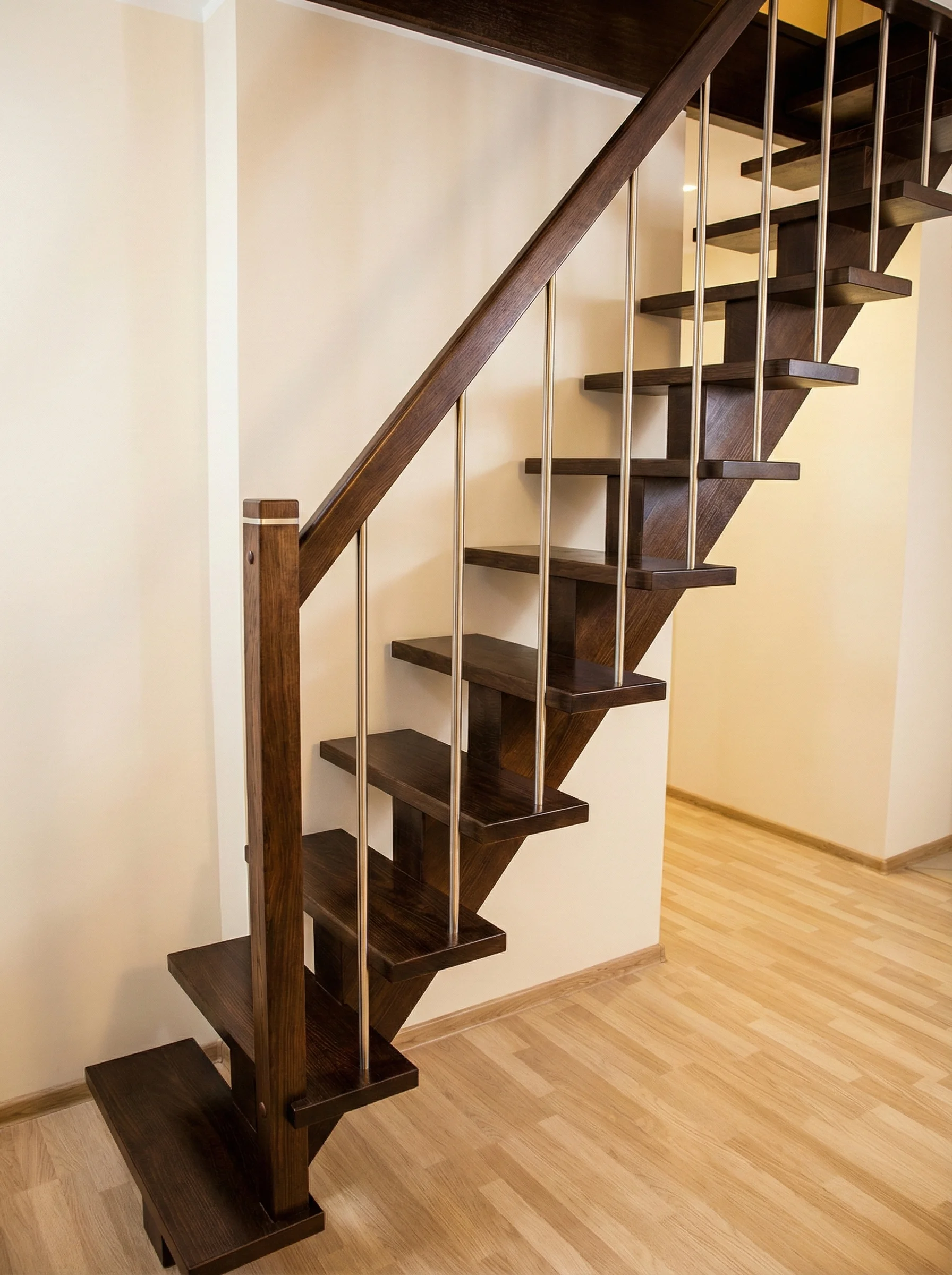 Schody jesionowe orzech na belce widok ogólny