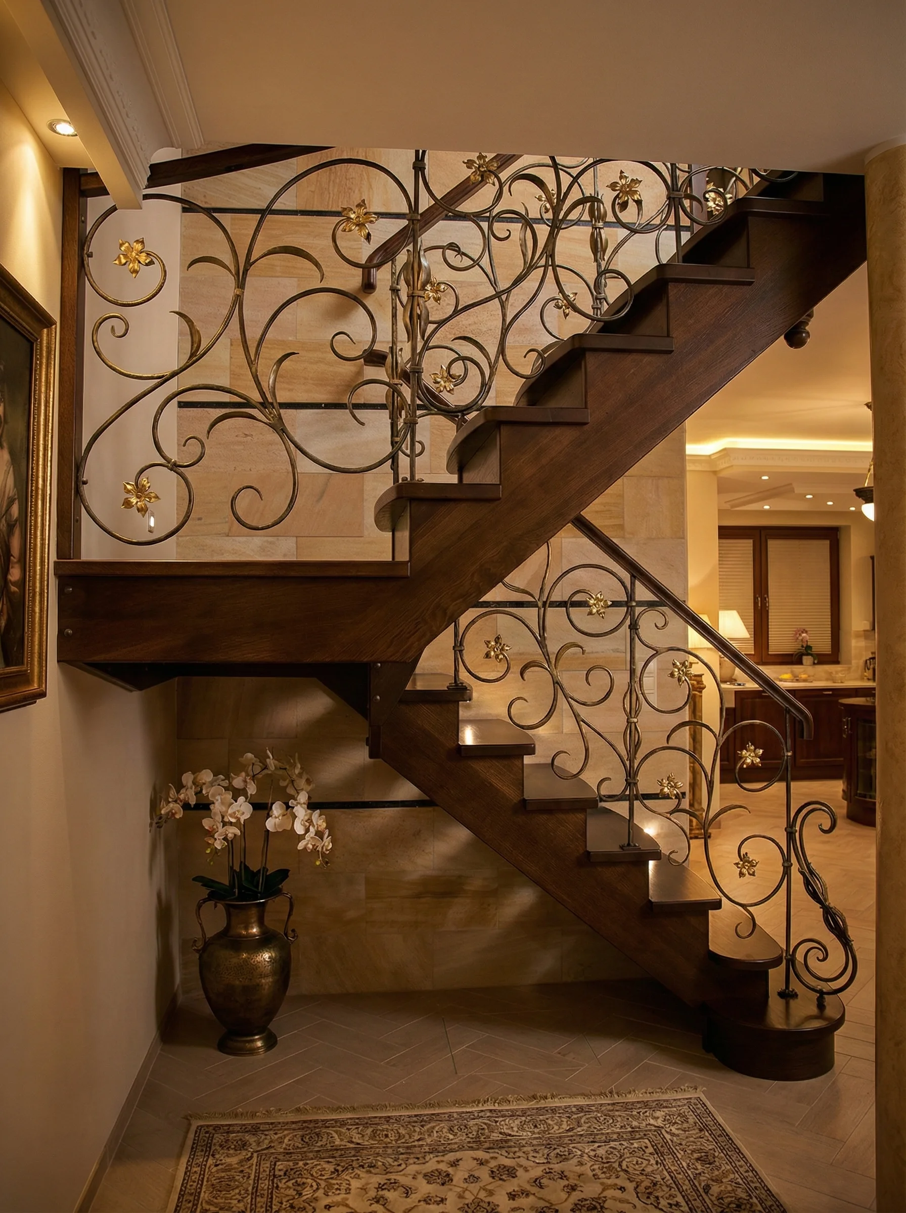 Detal balustrady kutej i dębowych stopni ze spocznikiem