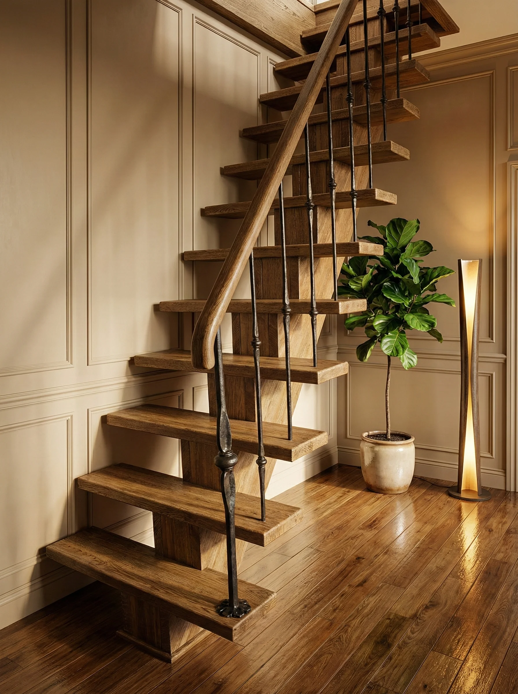 Schody bukowe na belce widok ogólny