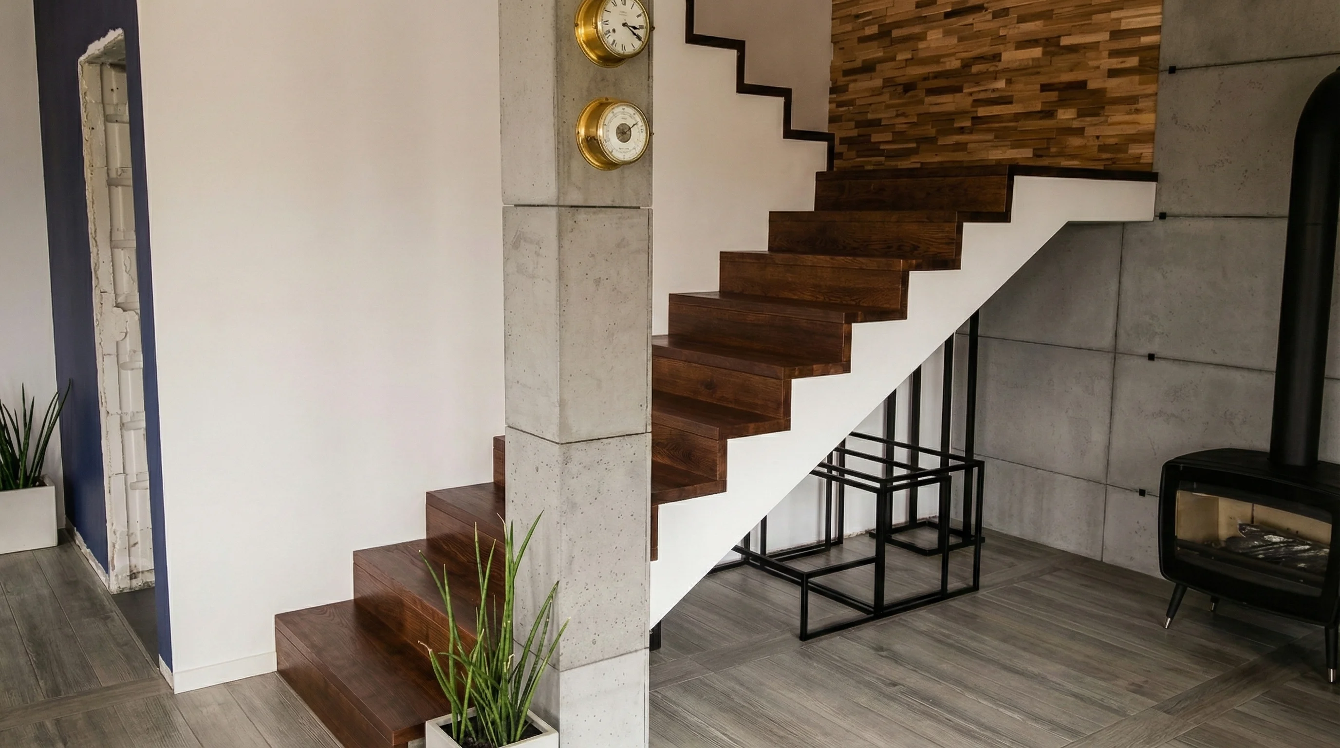 Schody dębowe szczotkowane z podestem i szkłem Straszyn, widok z dołu