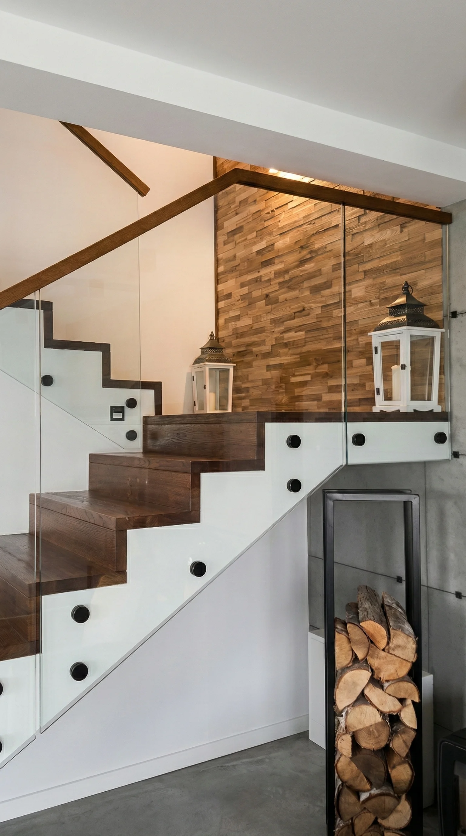 Widok na podest i bieg schodowy, nowoczesna realizacja