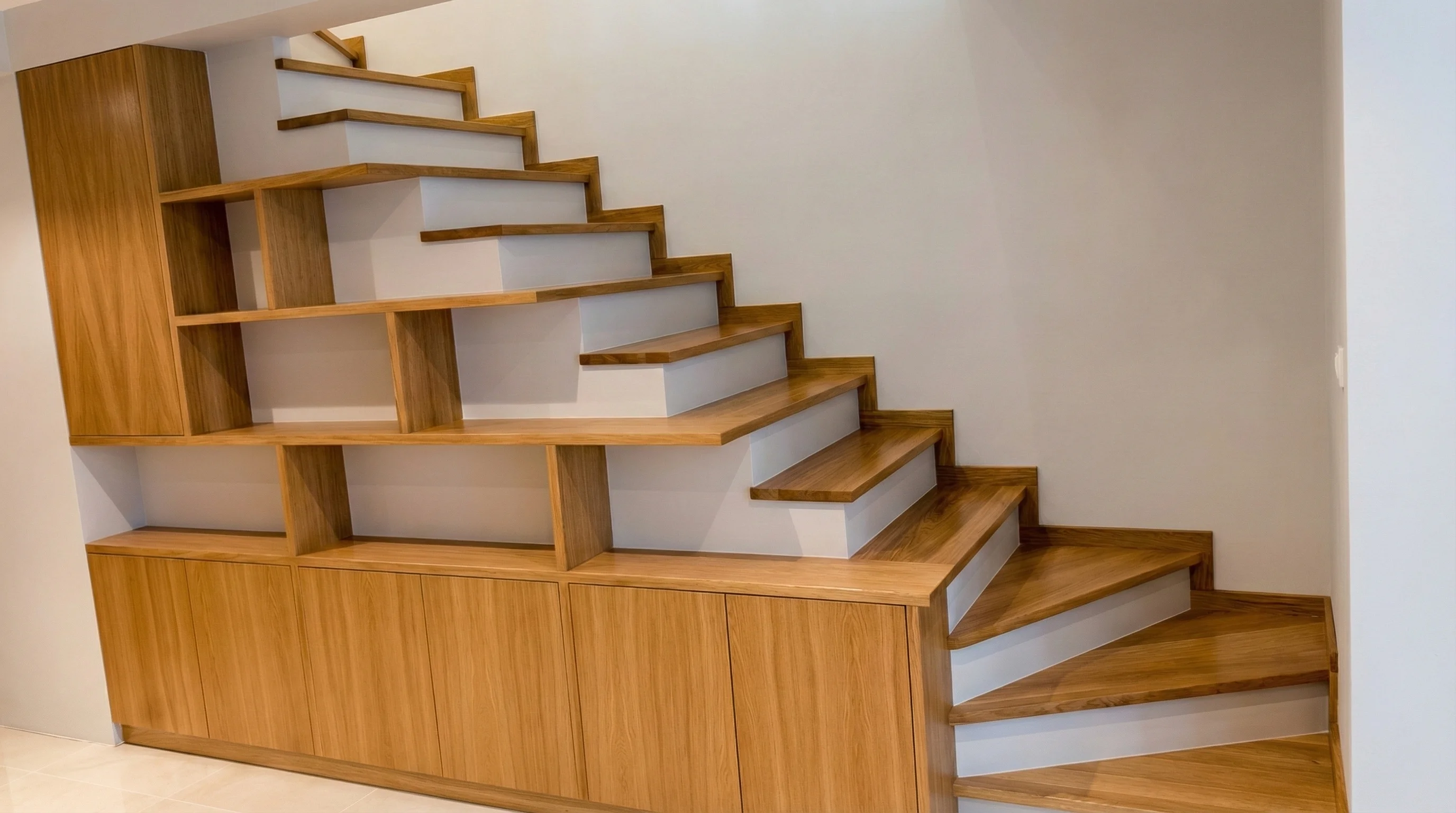 Widok schodów bez balustrady, minimalistyczne wnętrze