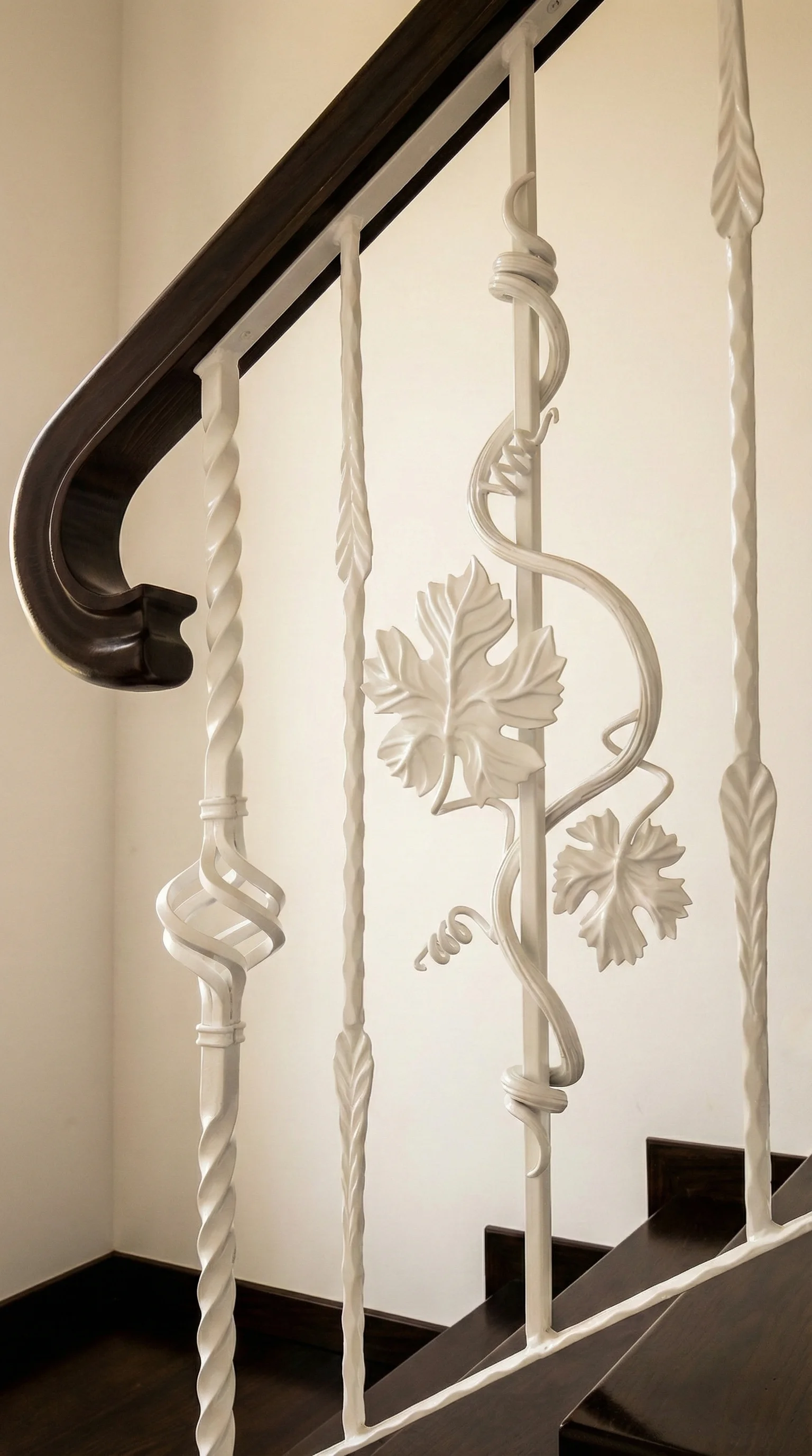 Zbliżenie na ozdobną balustradę kutą i drewniany pochwyt