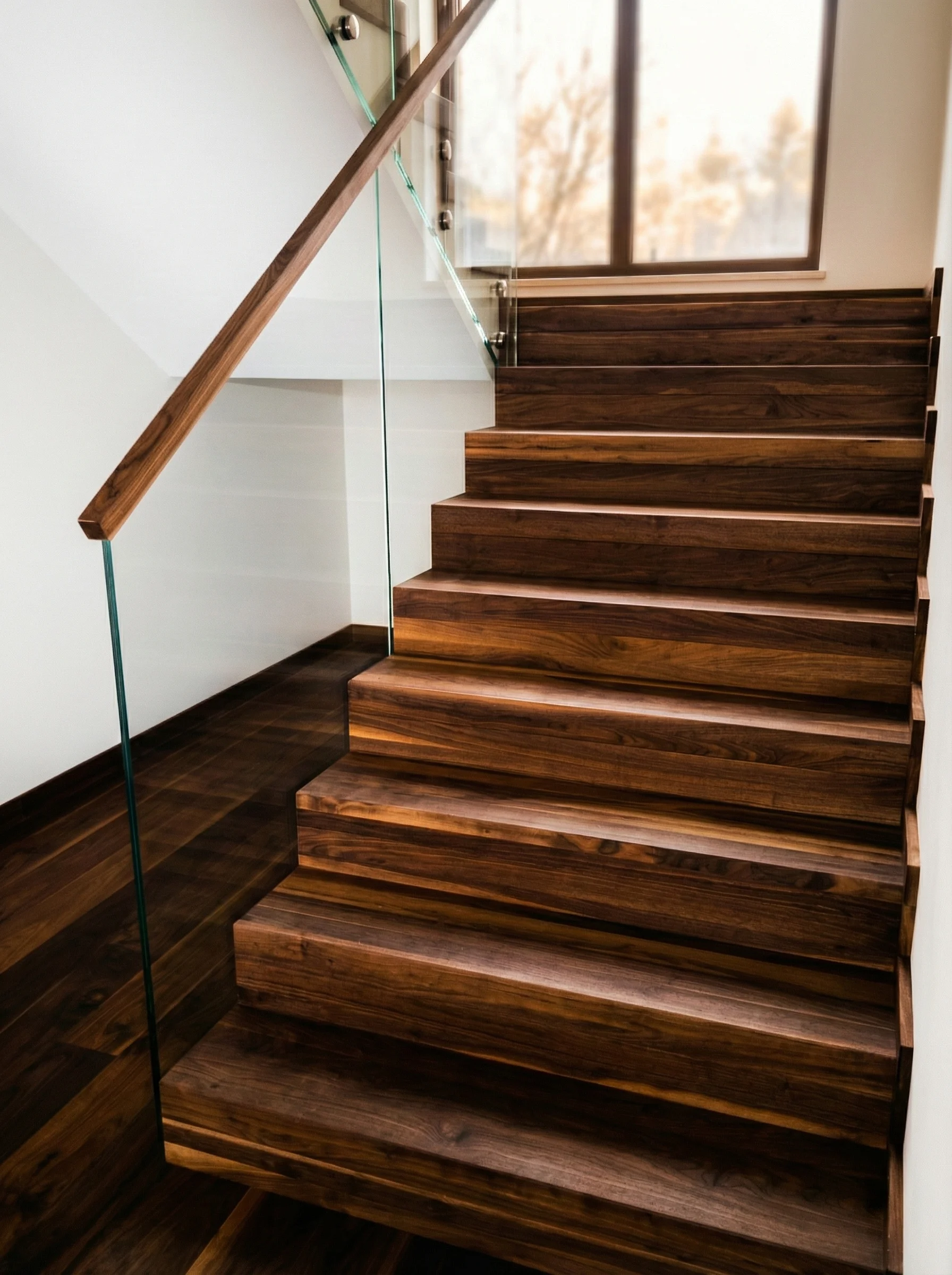 Detal szklanej balustrady przy schodach orzechowych