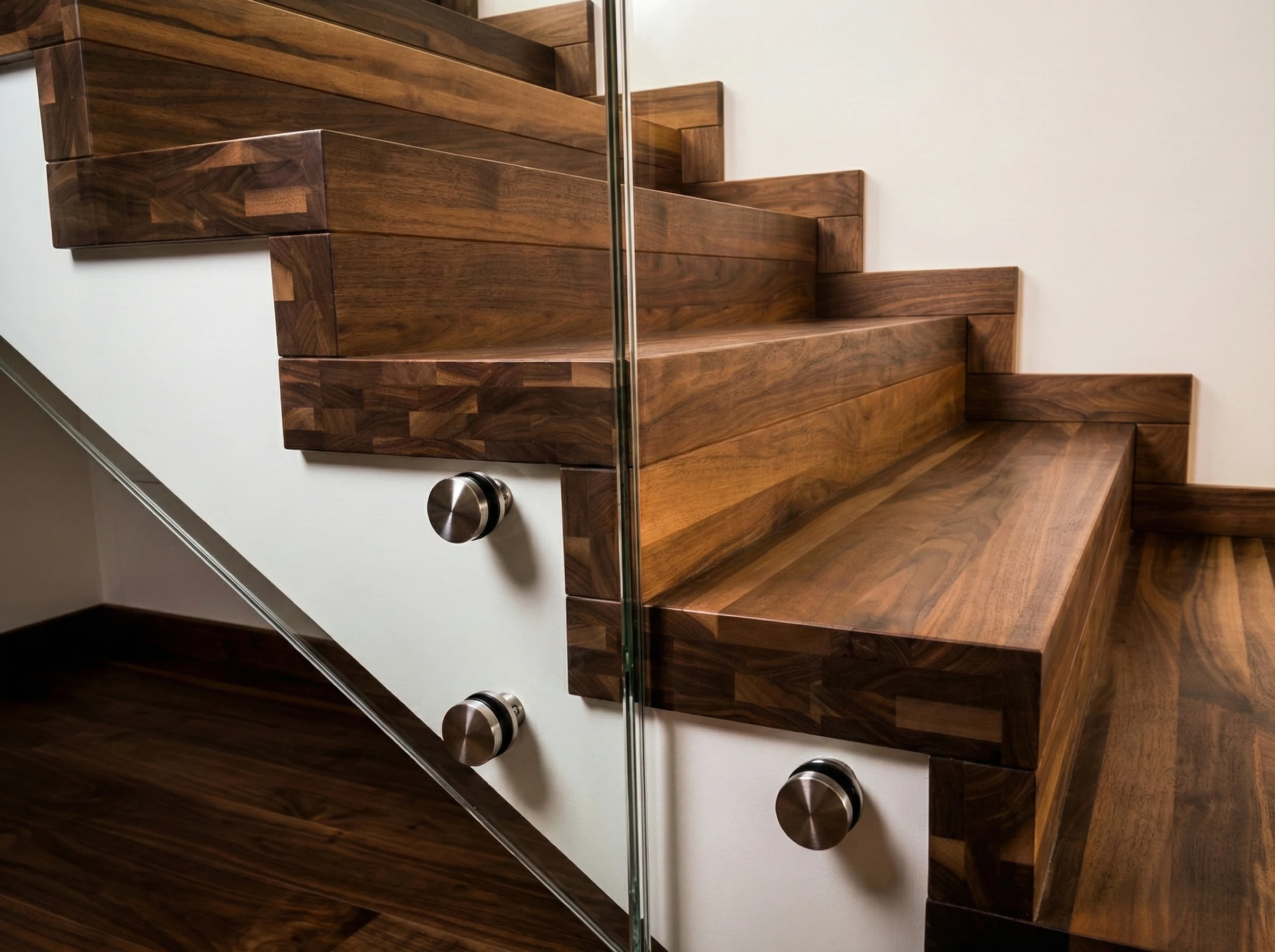 Widok schodów z podestem, połączenie drewna orzechowego i szkła