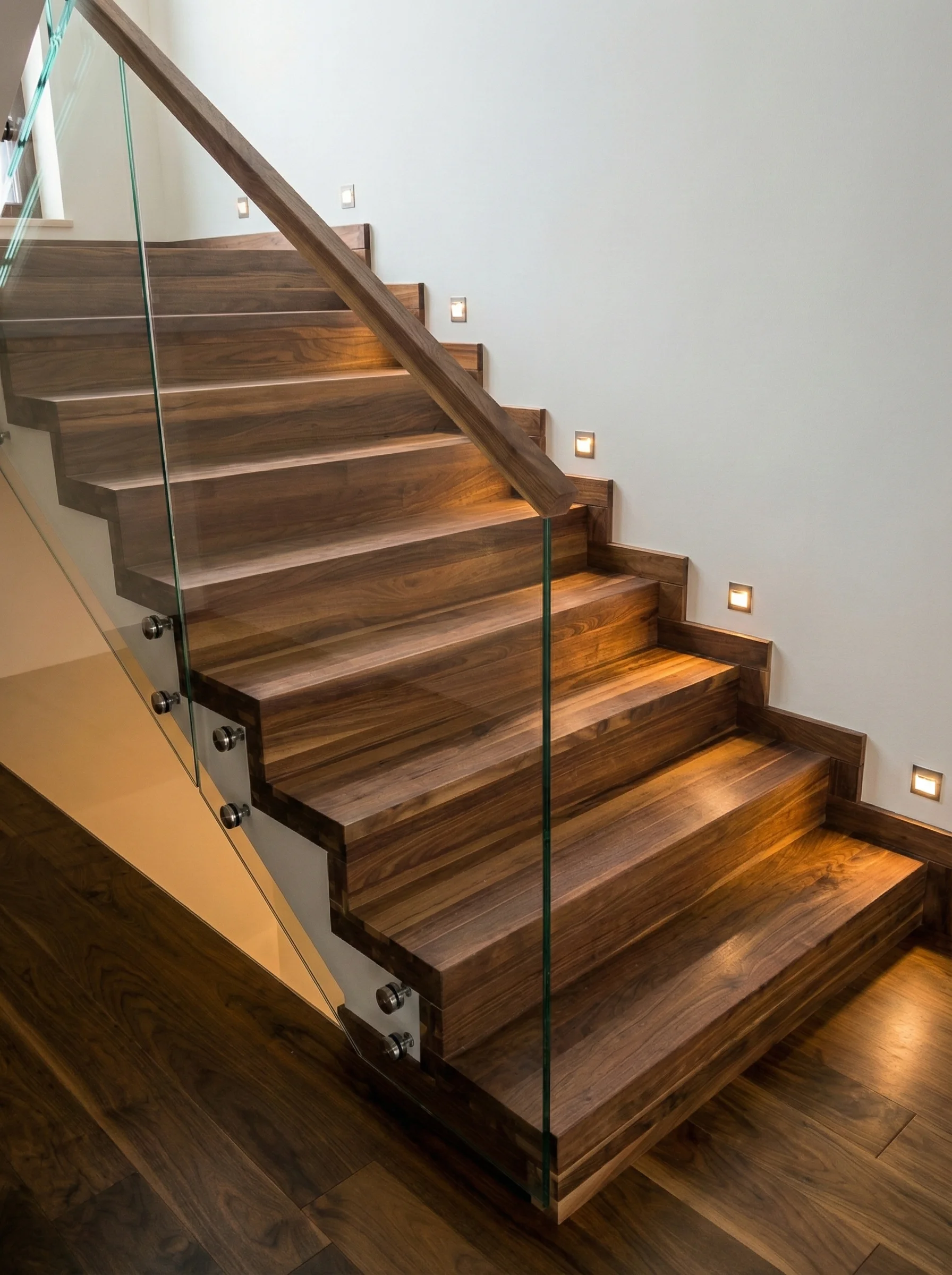 Schody orzechowe U z podestem na beton Gdynia, widok z dołu