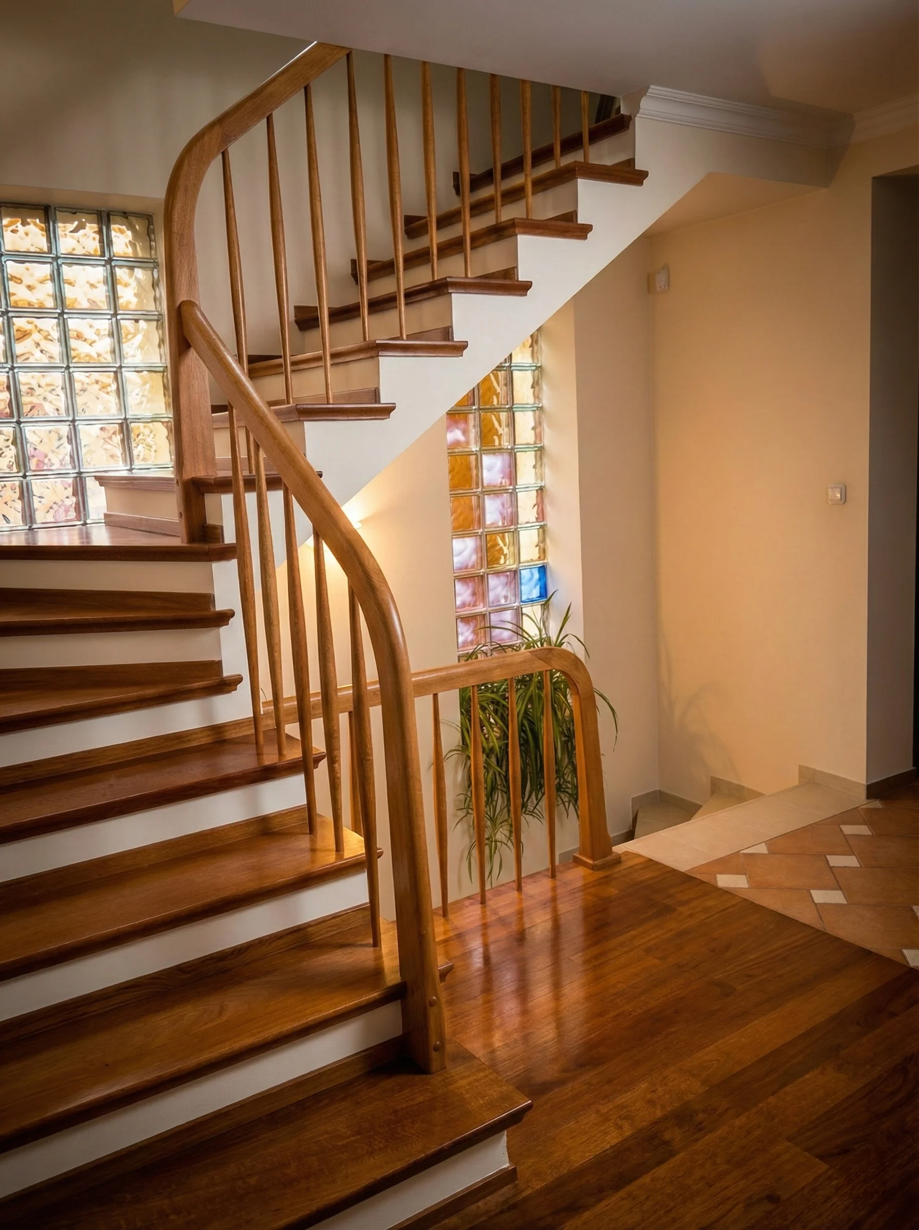 Stopnie z drewna egzotycznego sapeli lakierowane, zbliżenie