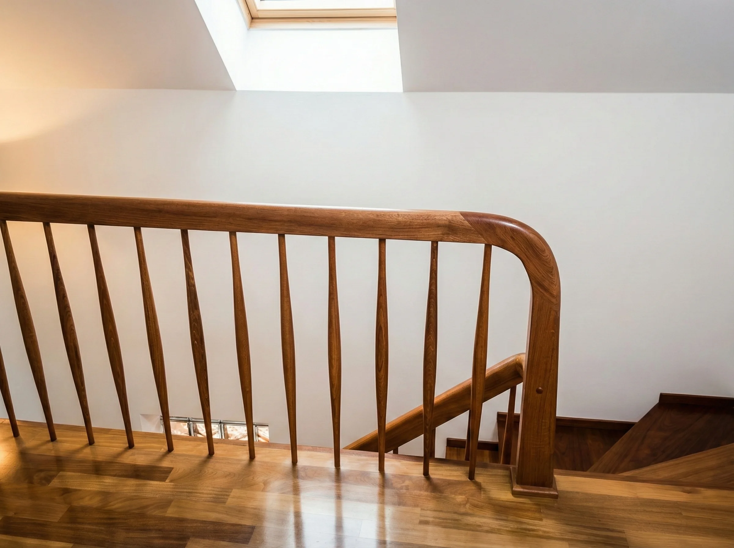 Widok klatki schodowej z góry, efektowna gięta balustrada