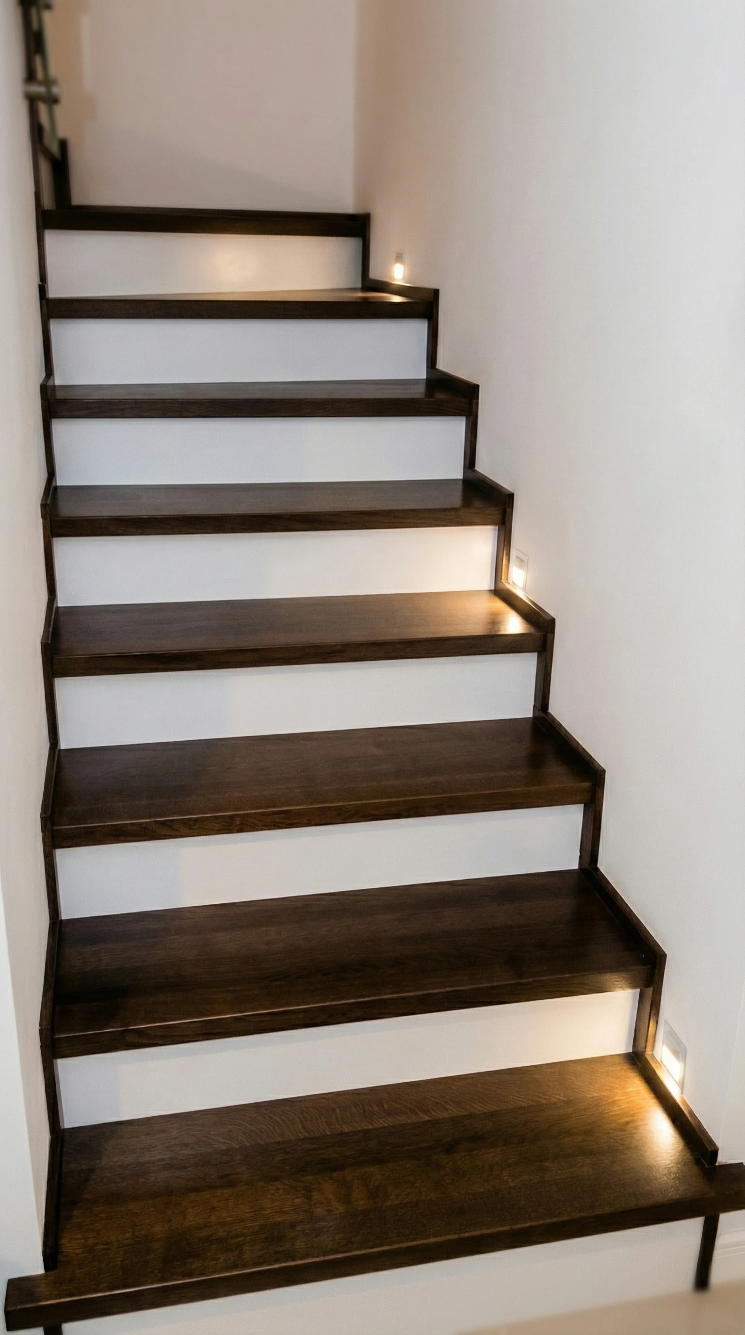 Detal szklanej balustrady samonośnej przy schodach dębowych