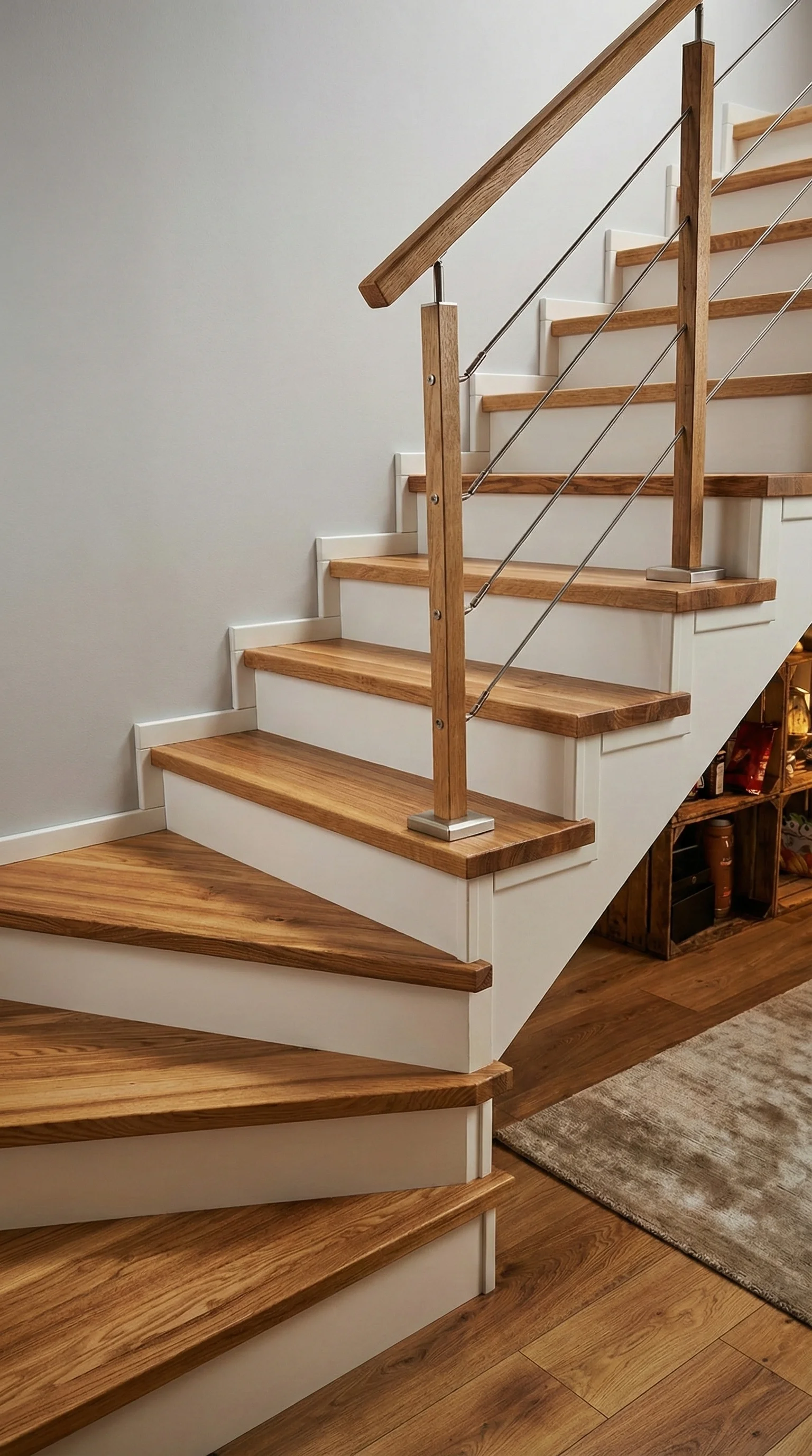 Schody jesionowe zabiegowe U na beton Pruszcz Gdański, widok z dołu