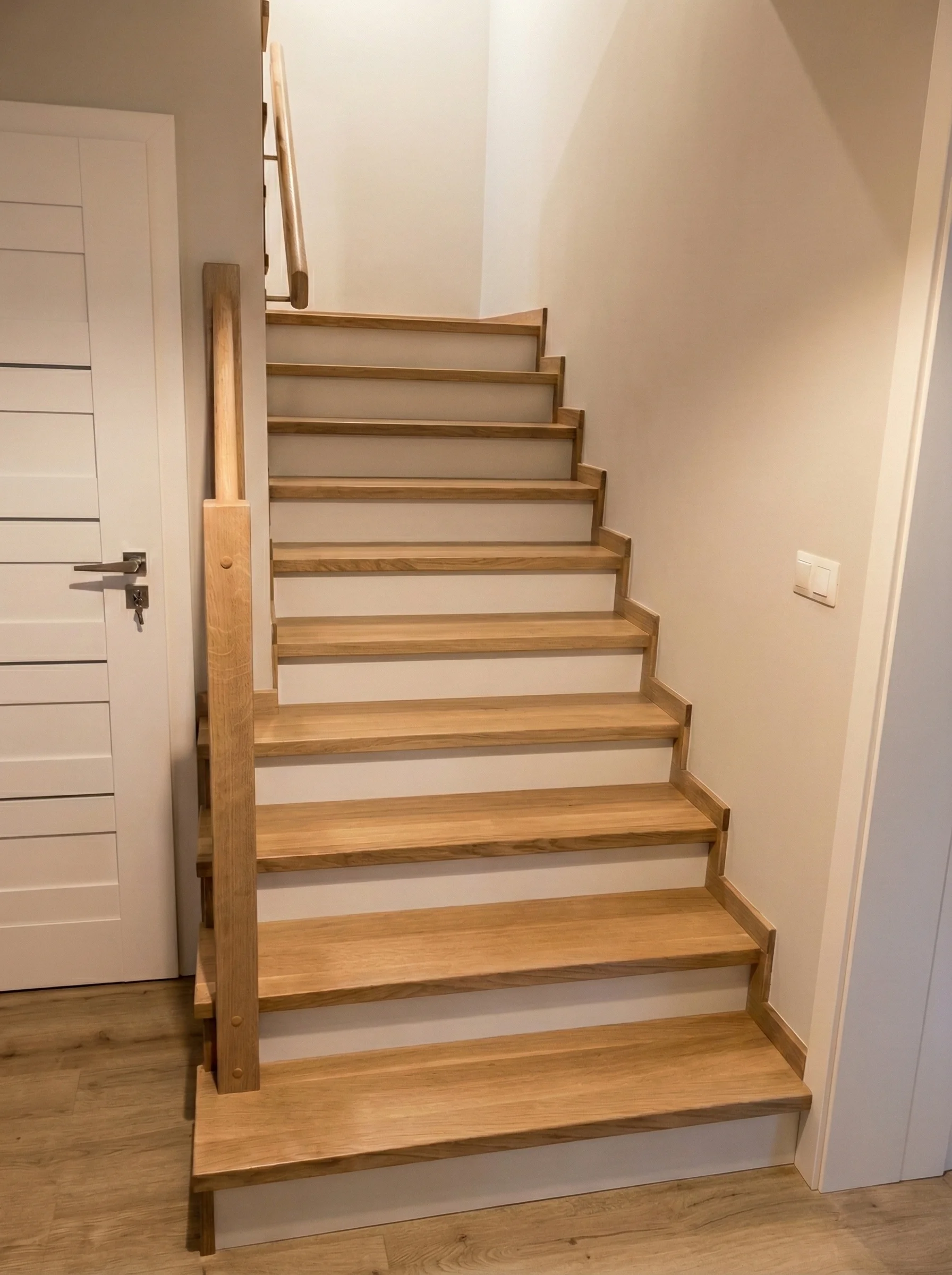 Detal balustrady drewniano-stalowej przy schodach dębowych