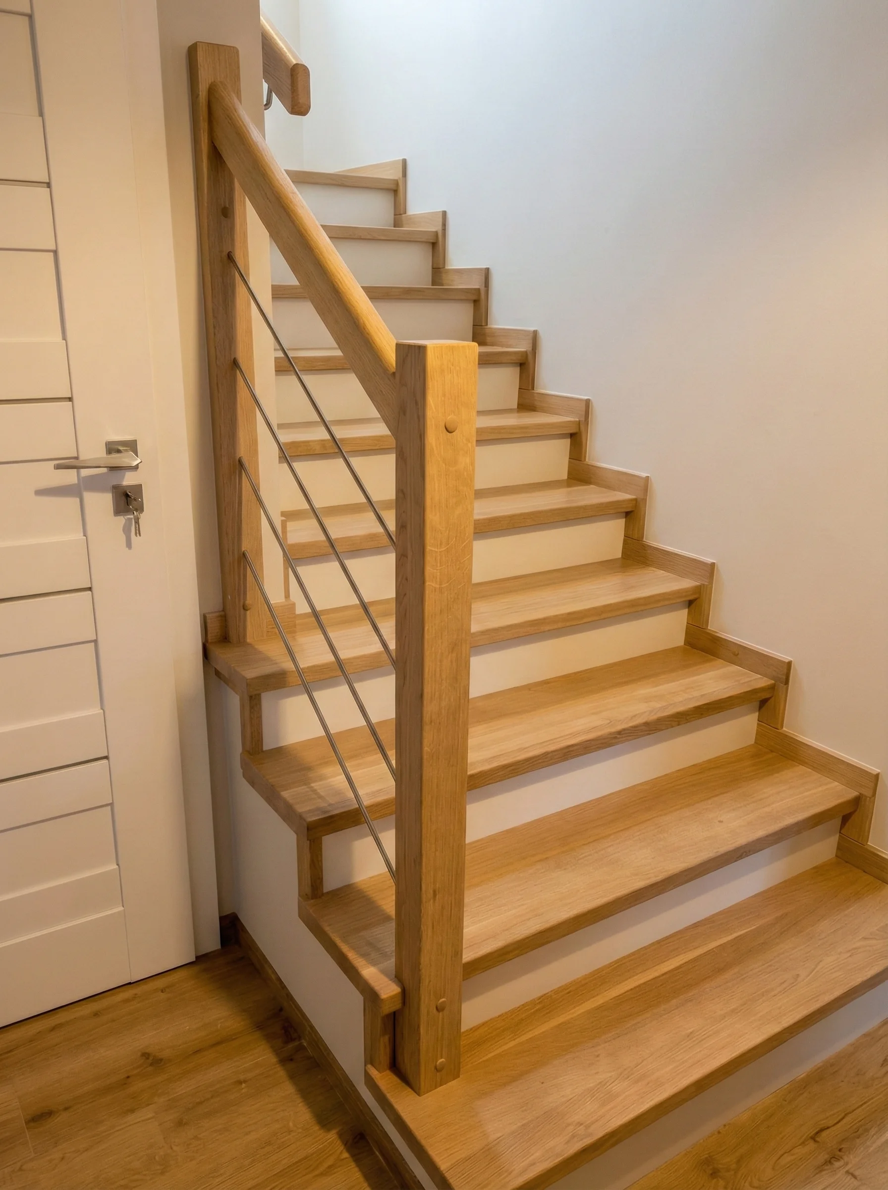 Schody dębowe U ze spocznikiem na beton Gdynia, widok z dołu