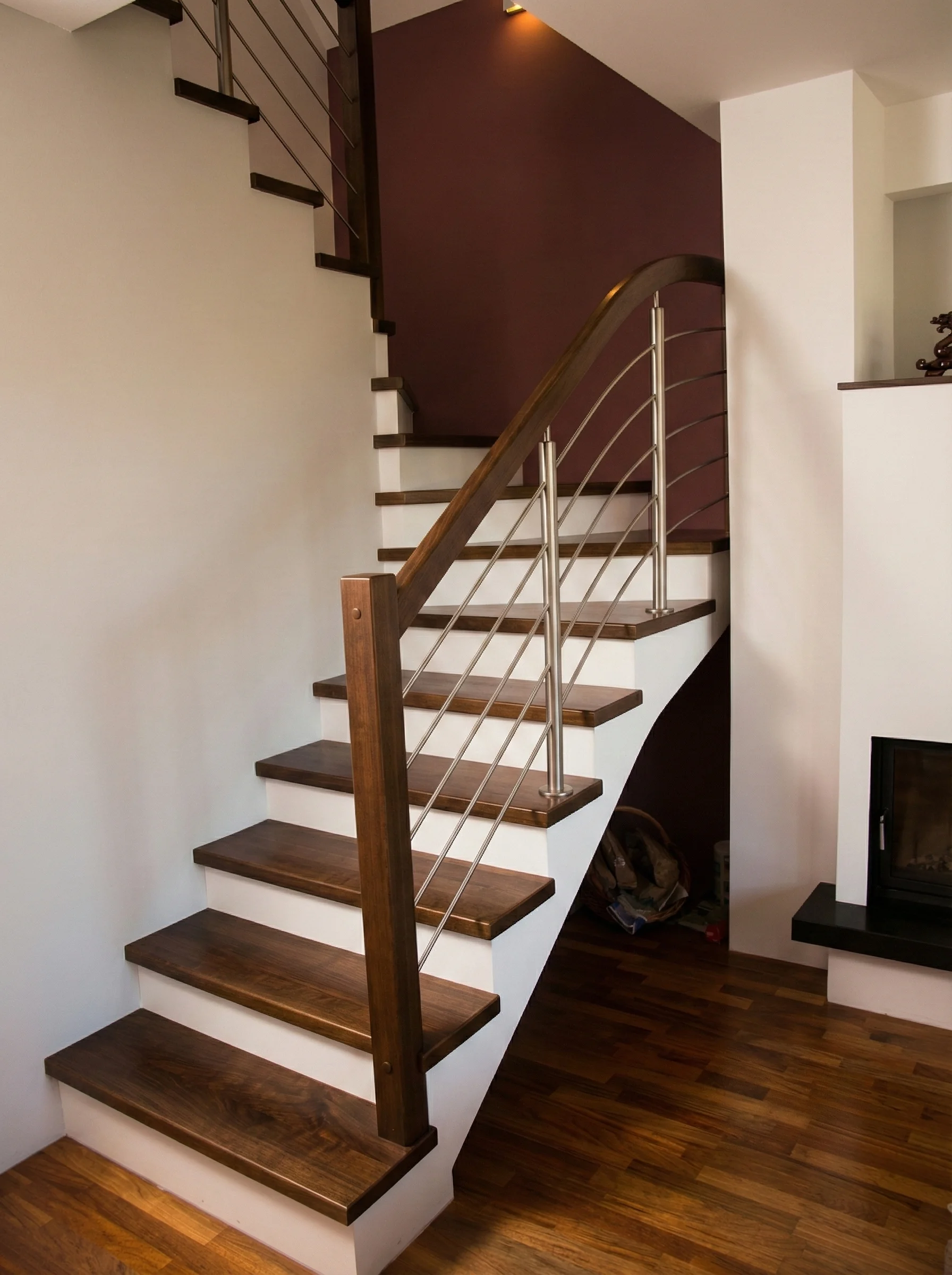 Detal balustrady drewniano-stalowej przy schodach jesionowych