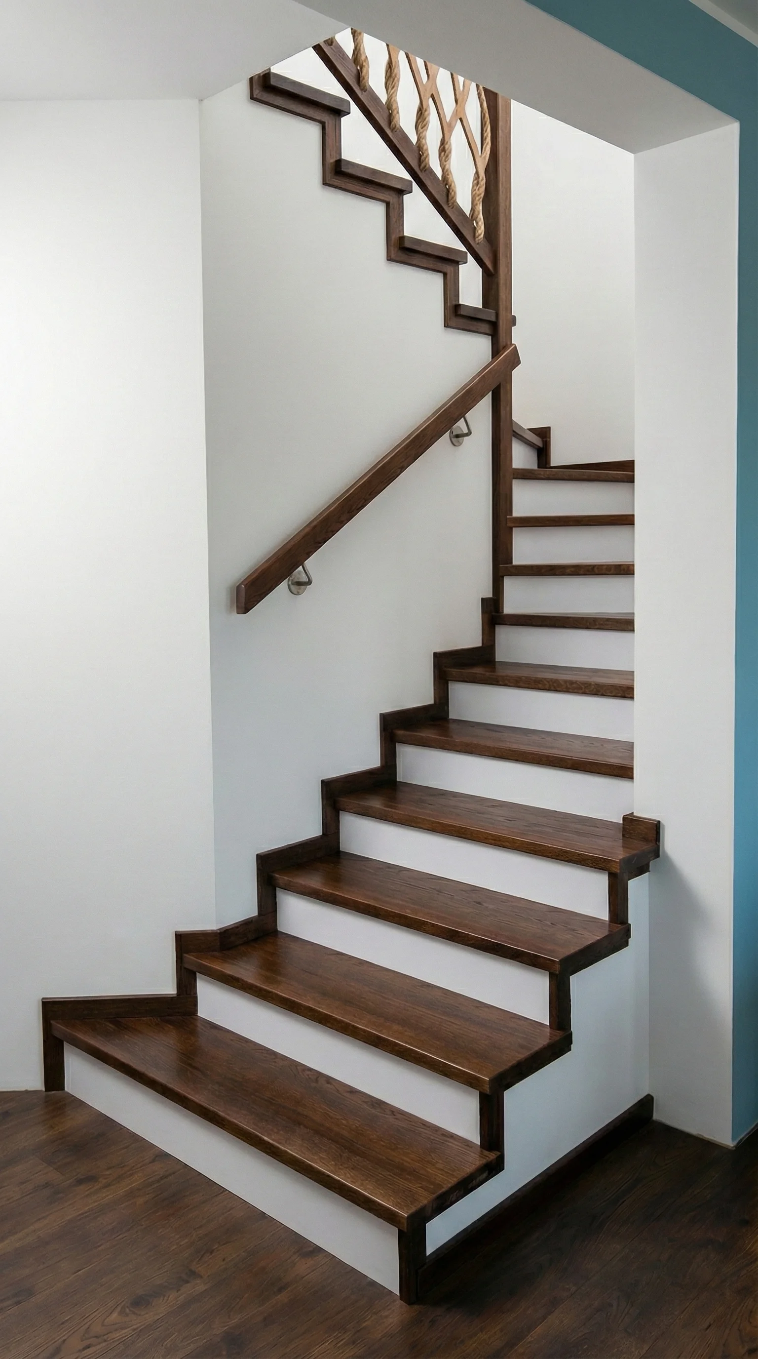 Schody dębowe szczotkowane z liną jutową Straszyn, widok z dołu