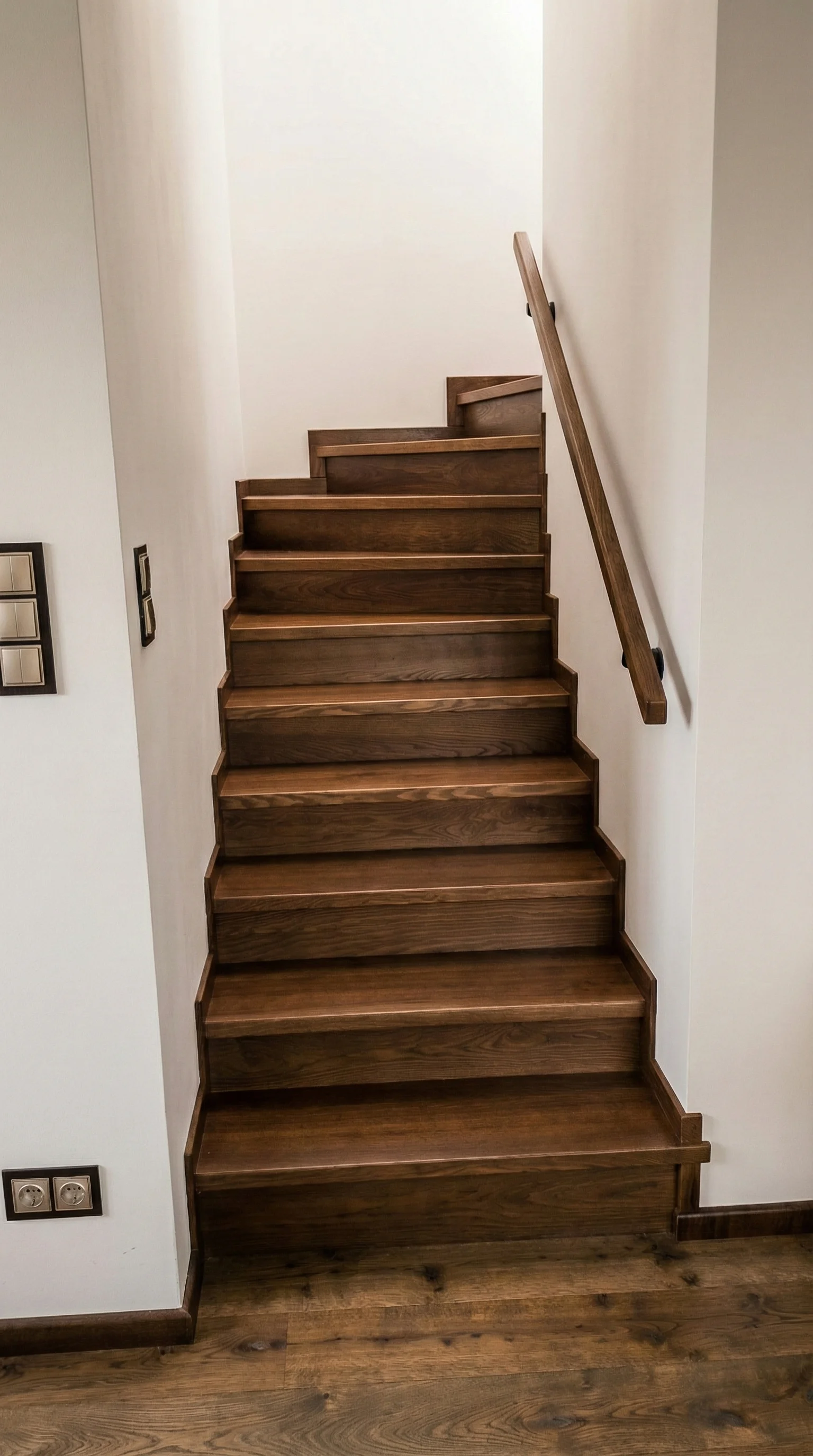 Schody jesionowe orzech z podestem na beton Gdynia, widok z dołu