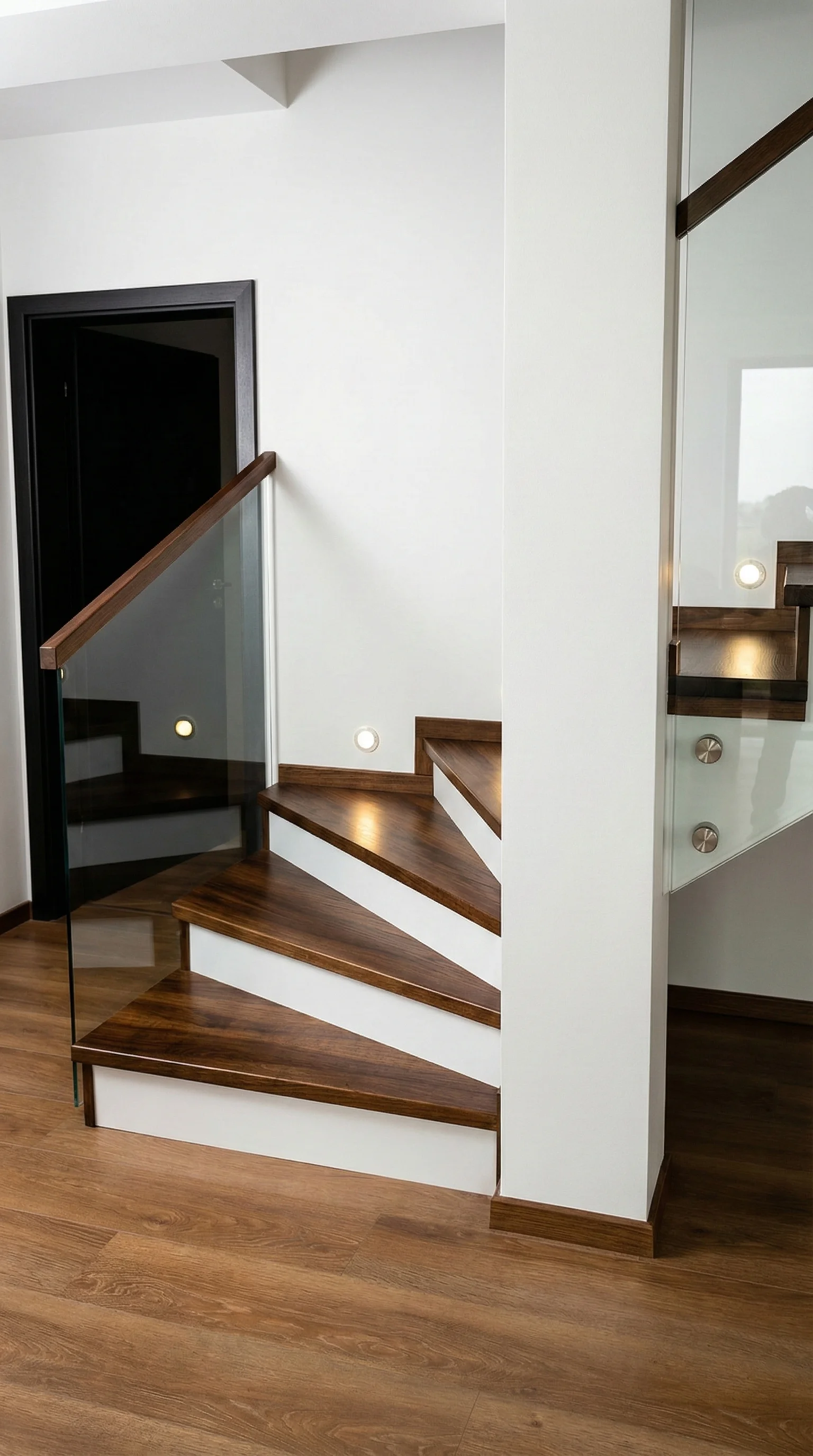 Zbliżenie na szklaną balustradę i drewniany pochwyt