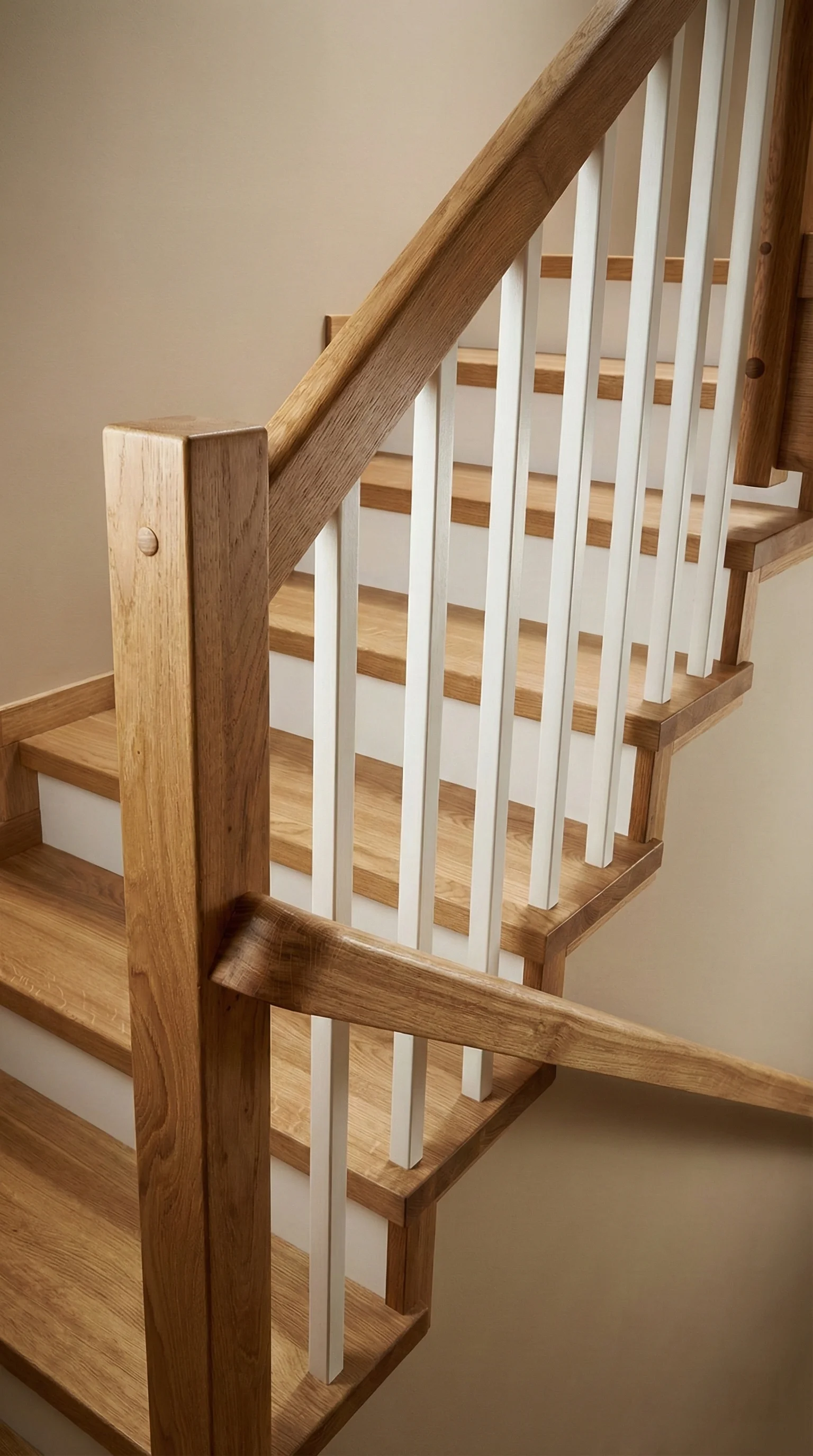 Stopnie jesionowe naturalne z białymi podstopnicami, lakierowane