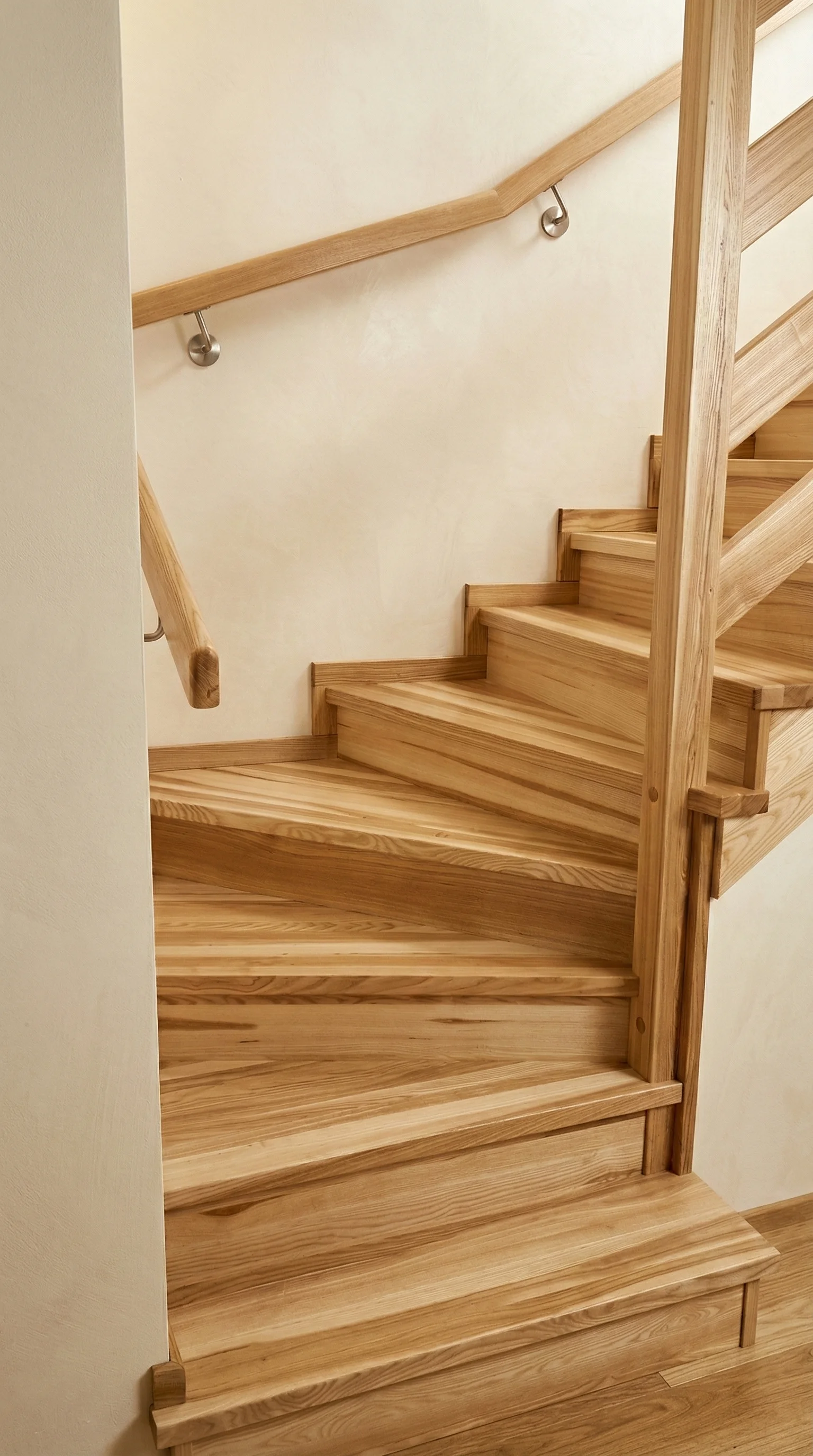 Schody jesionowe zabiegowe U z balustradą deskową Jagatowo, widok z dołu