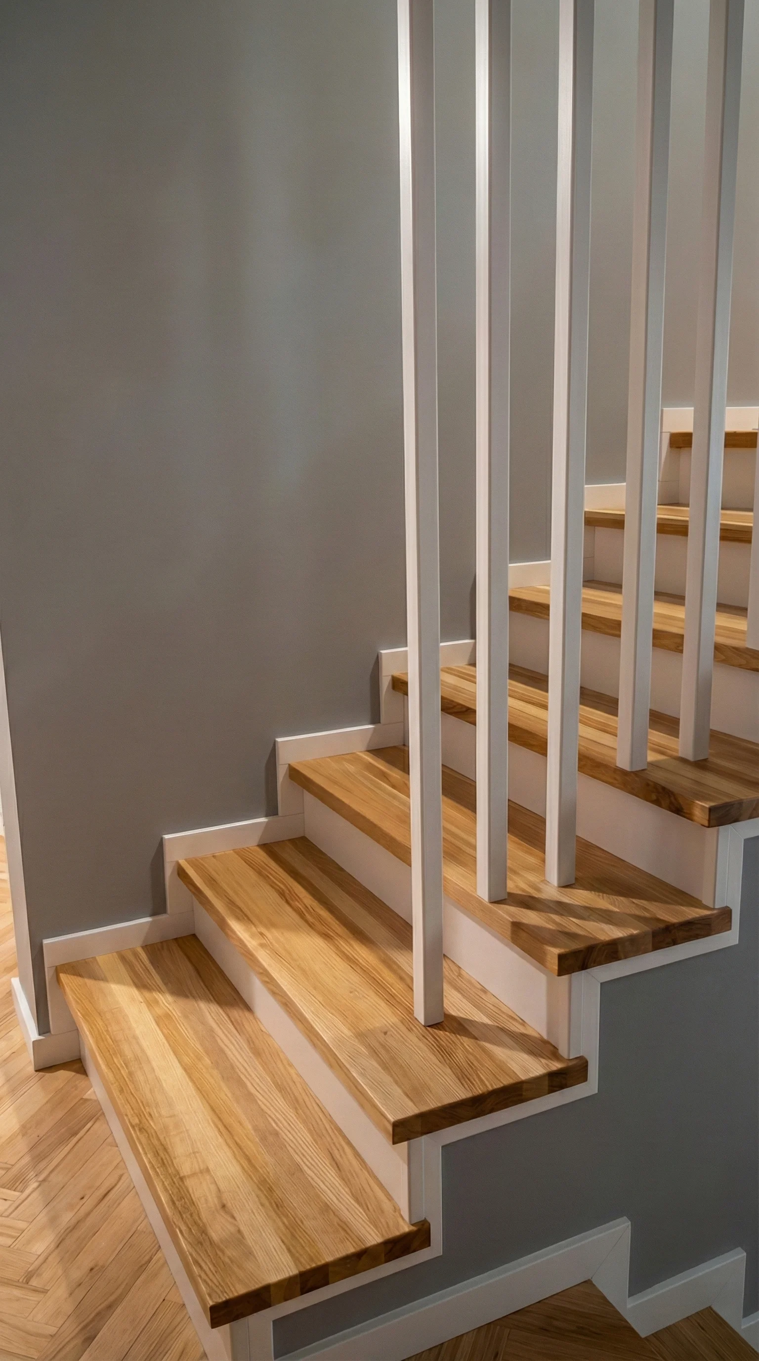 Schody jesionowe zabiegowe U na beton Gdańsk, widok z dołu