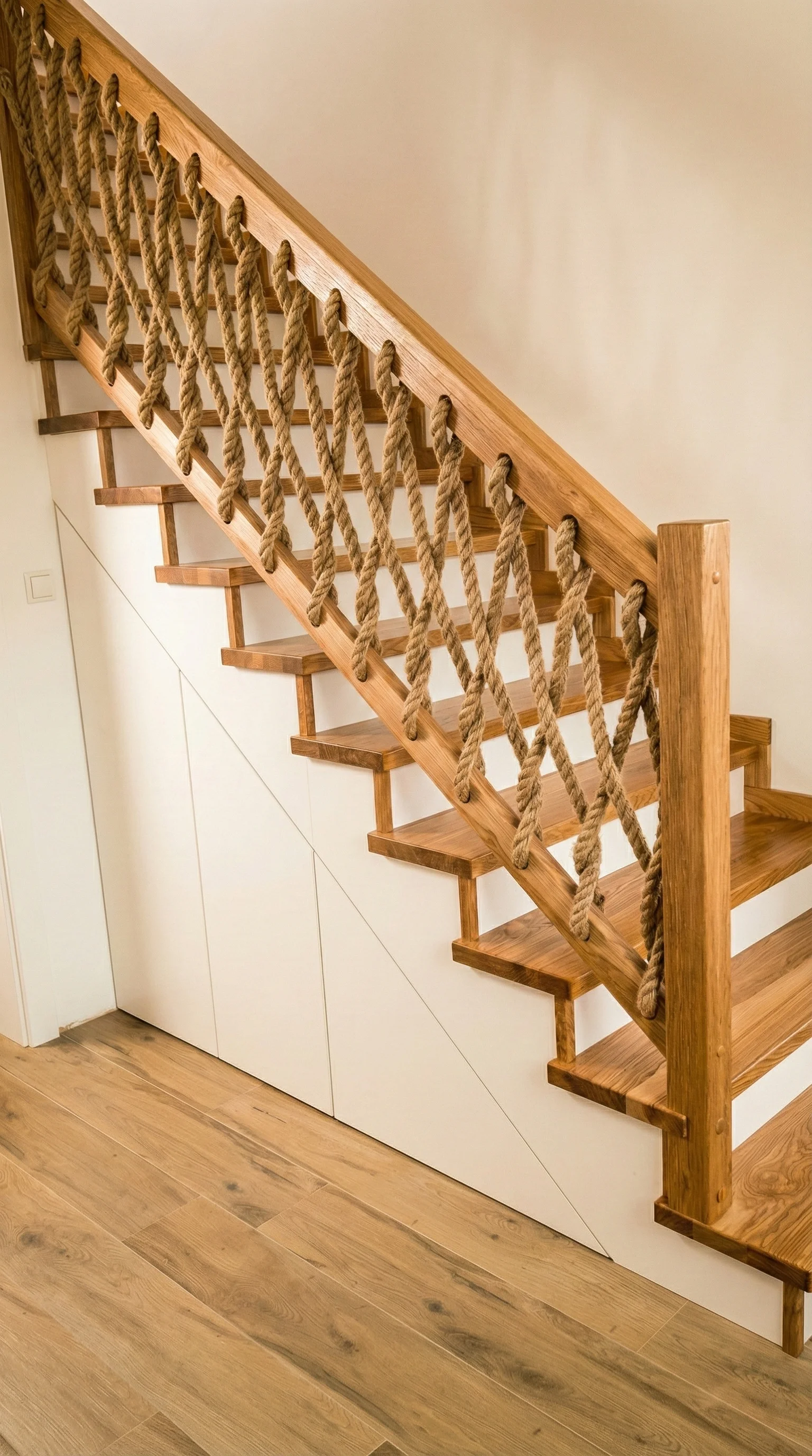 Detal balustrady z liny jutowej przy schodach jesionowych